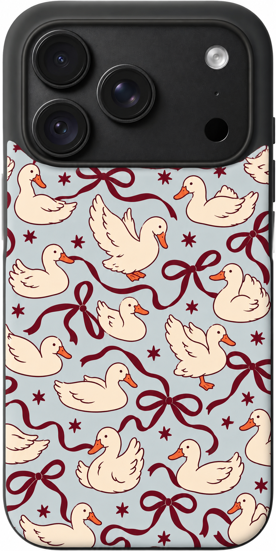 Duck Ribbon Waltz iPhone case design preview in Black. Model-specific fit and camera openings vary.