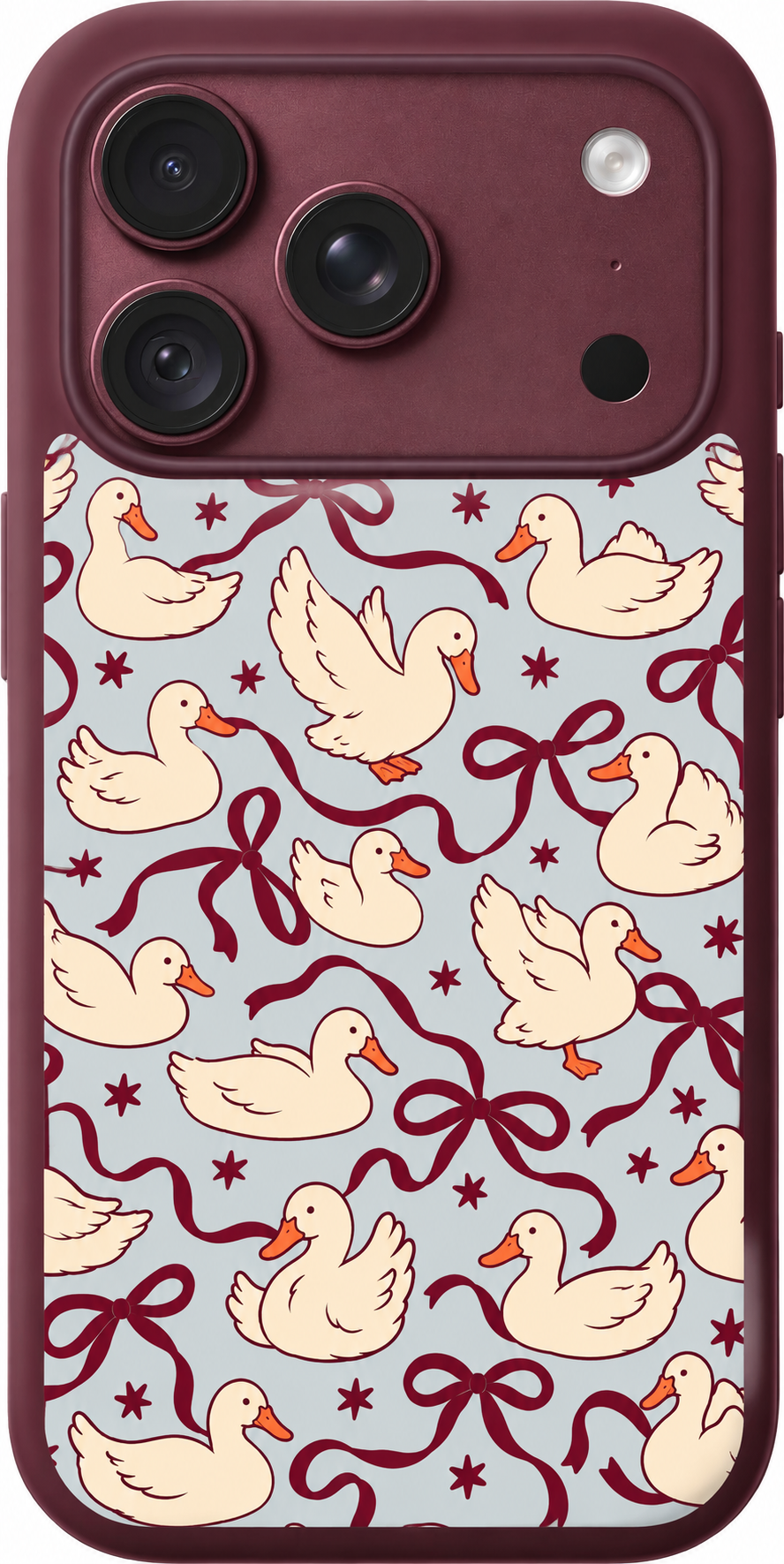 Duck Ribbon Waltz iPhone case design preview in Burgundy. Model-specific fit and camera openings vary.