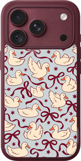 Duck Ribbon Waltz iPhone case design preview in Burgundy. Model-specific fit and camera openings vary.