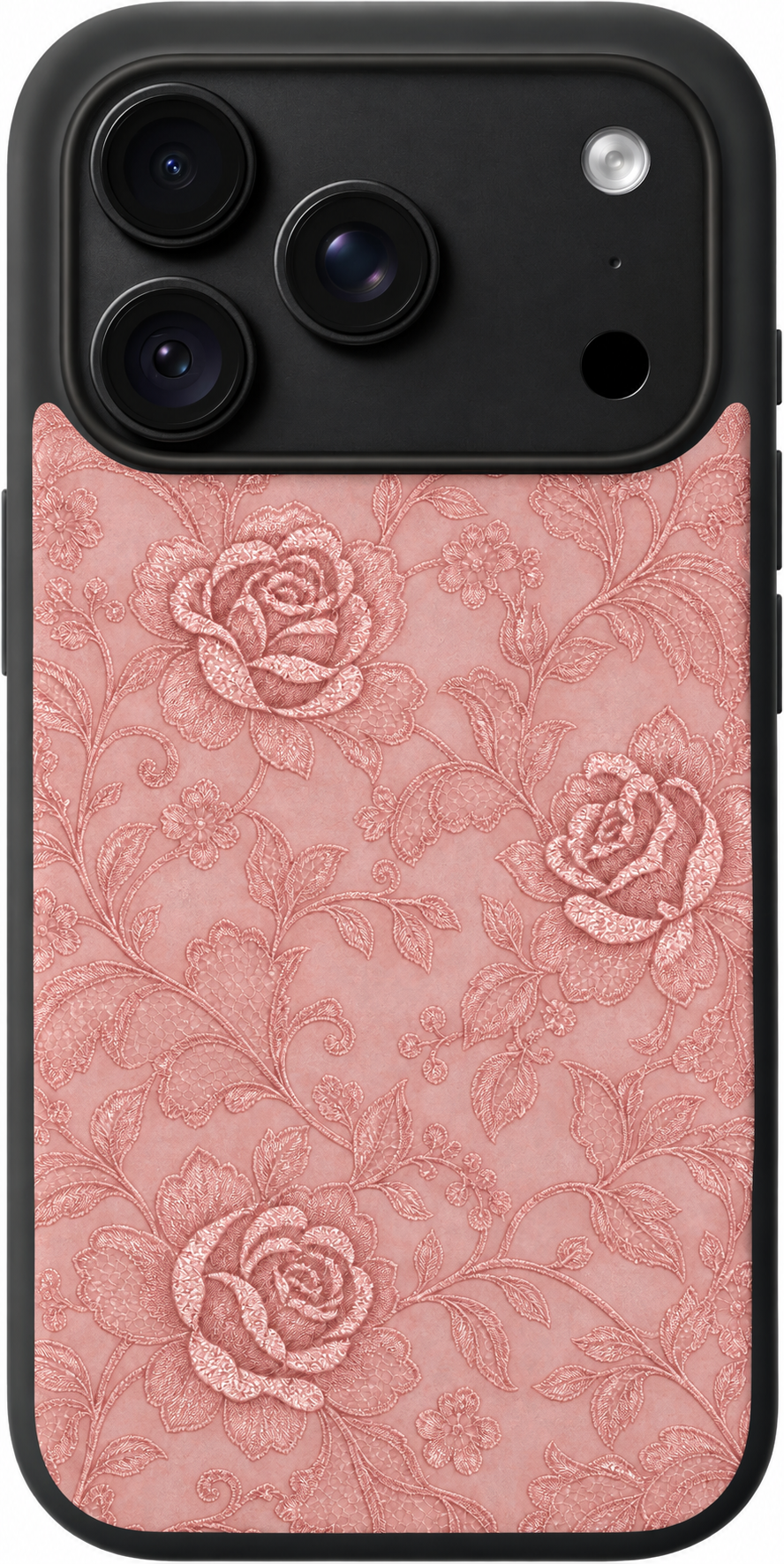 Rose Sheer Lace iPhone case design preview in Black. Model-specific fit and camera openings vary.