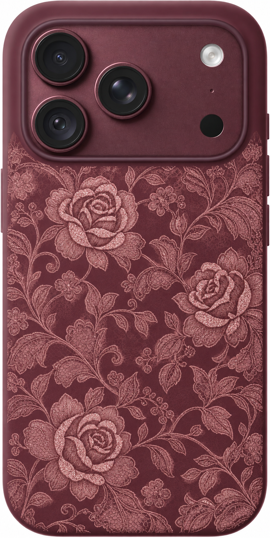 Rose Sheer Lace iPhone case design preview in Burgundy. Model-specific fit and camera openings vary.