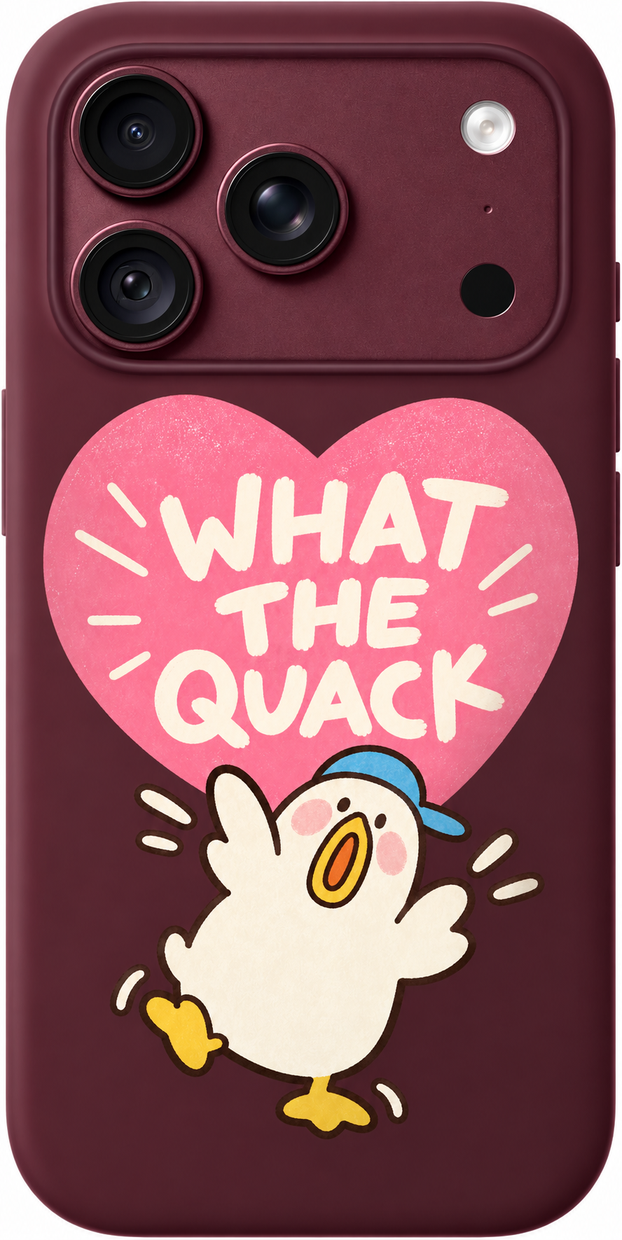 What the Quack iPhone case design preview in Burgundy. Model-specific fit and camera openings vary.
