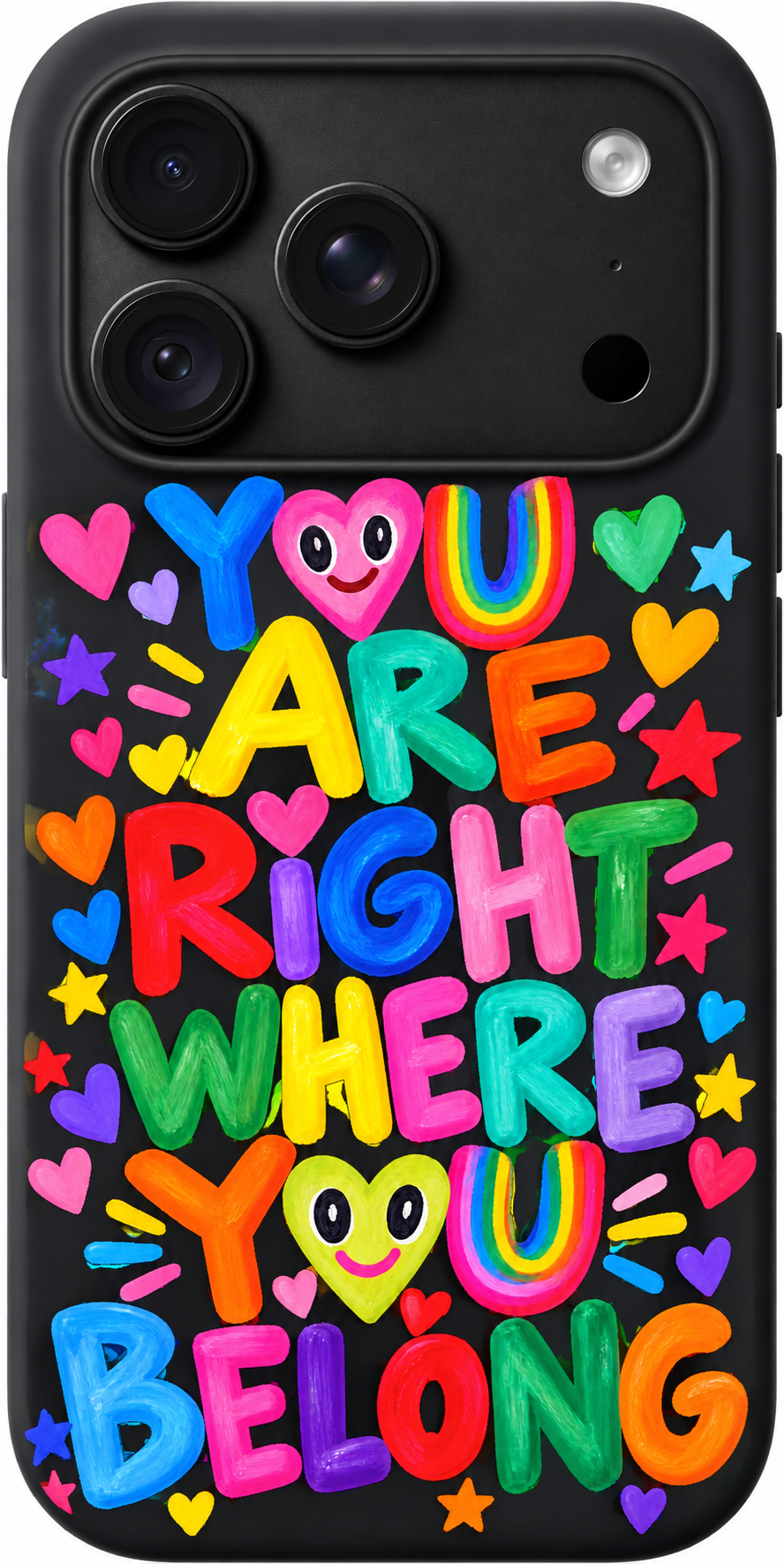 Right Here Rainbow iPhone case design preview in Black. Model-specific fit and camera openings vary.