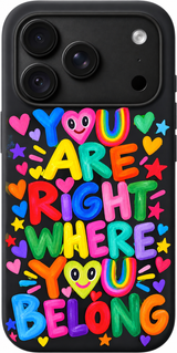 Right Here Rainbow iPhone case design preview in Black. Model-specific fit and camera openings vary.