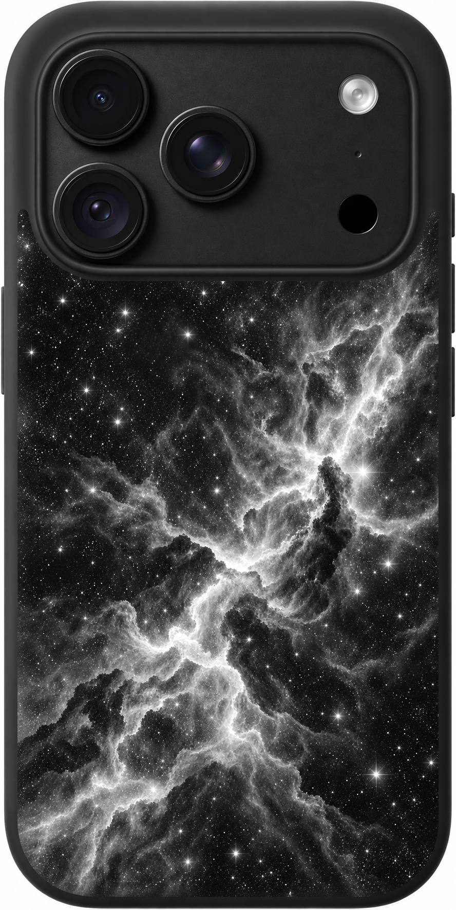 Midnight Nebula Marble iPhone case design preview in Black. Model-specific fit and camera openings vary.