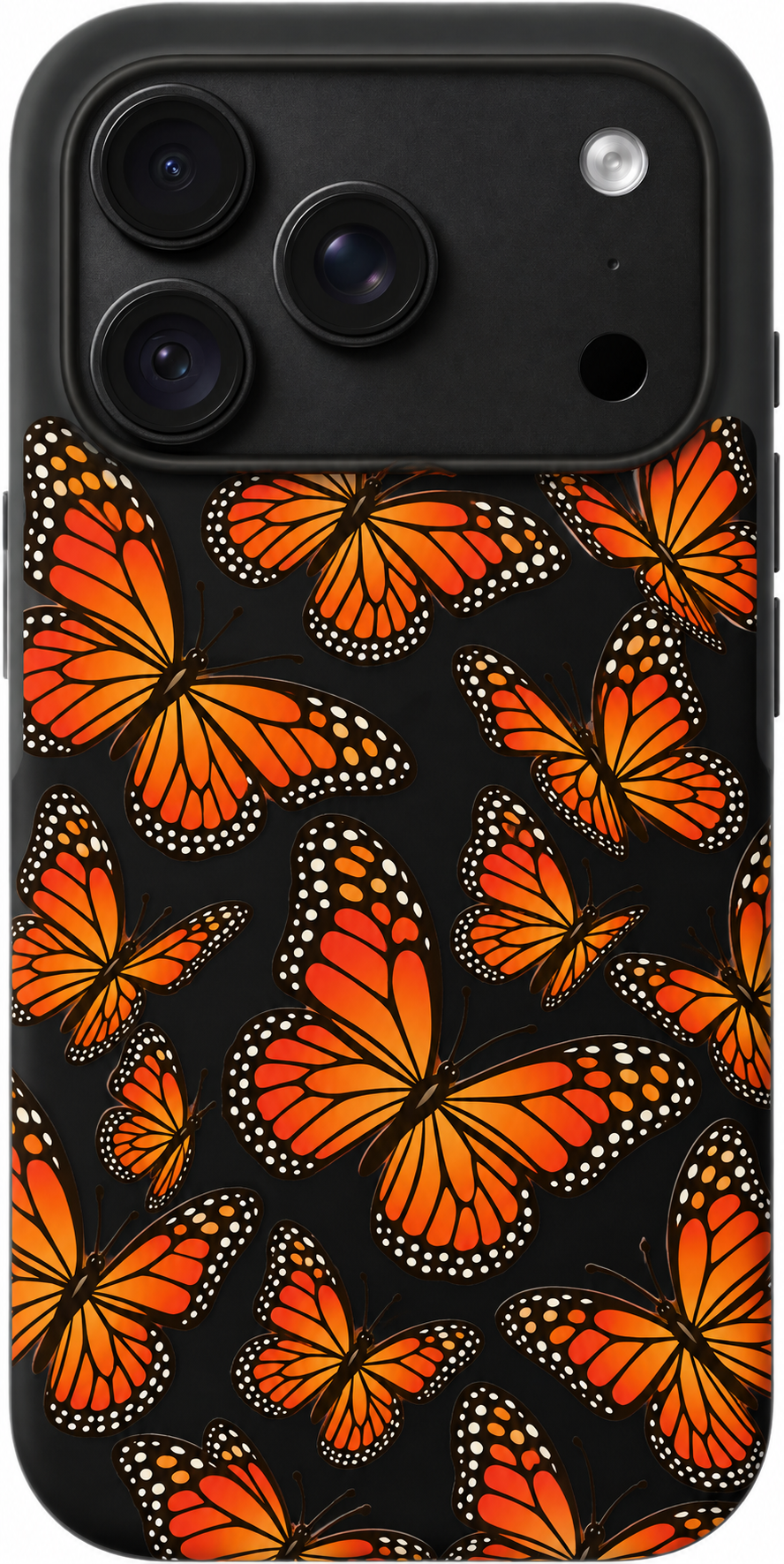 Mariposa Drift iPhone case design preview in Black. Model-specific fit and camera openings vary.