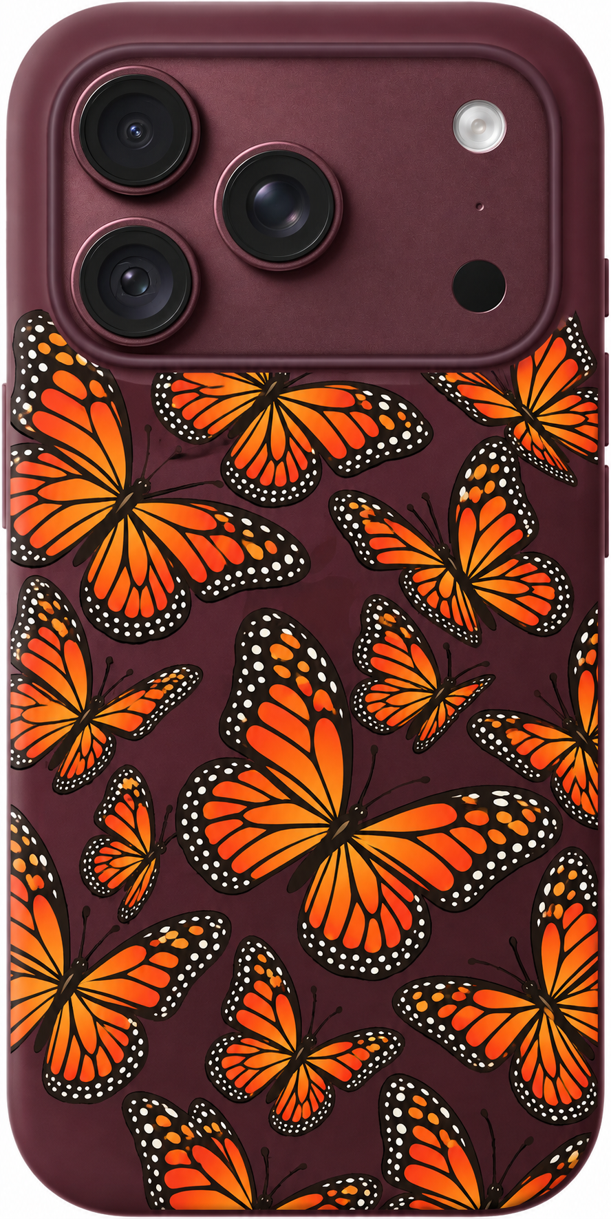 Mariposa Drift iPhone case design preview in Burgundy. Model-specific fit and camera openings vary.