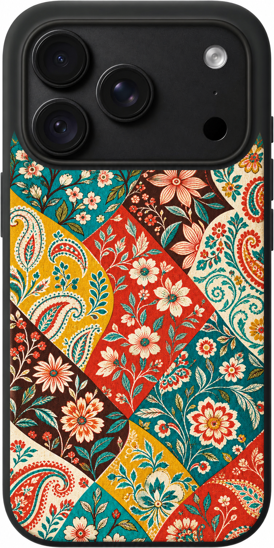 Patchwork Garden iPhone case design preview in Black. Model-specific fit and camera openings vary.