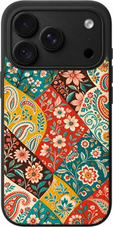 Patchwork Garden iPhone case design preview in Black. Model-specific fit and camera openings vary.