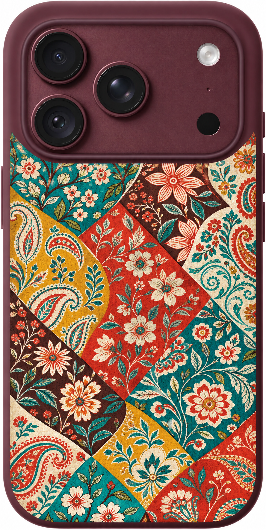 Patchwork Garden iPhone case design preview in Burgundy. Model-specific fit and camera openings vary.