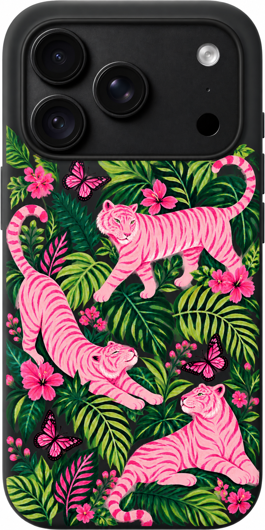 Pink Tiger Garden iPhone case design preview in Black. Model-specific fit and camera openings vary.