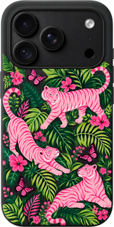Pink Tiger Garden iPhone case design preview in Black. Model-specific fit and camera openings vary.