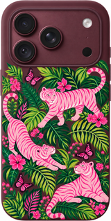 Pink Tiger Garden iPhone case design preview in Burgundy. Model-specific fit and camera openings vary.