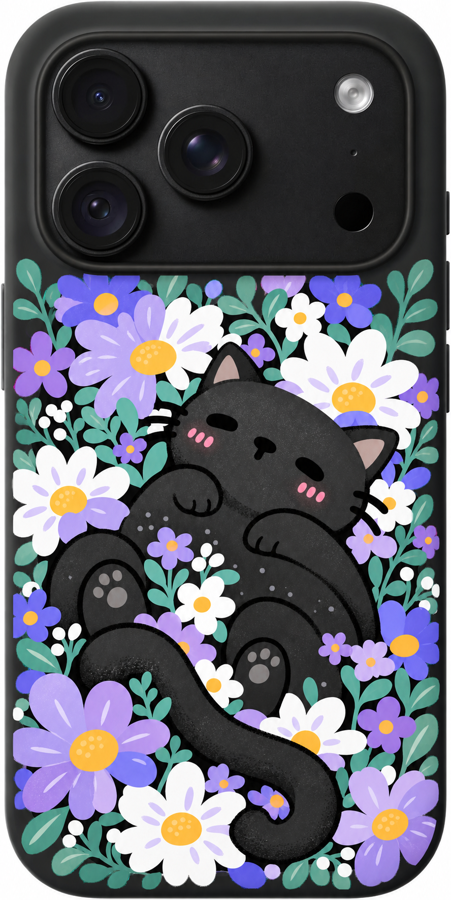 Cat Among Lilacs iPhone case design preview in Black. Model-specific fit and camera openings vary.