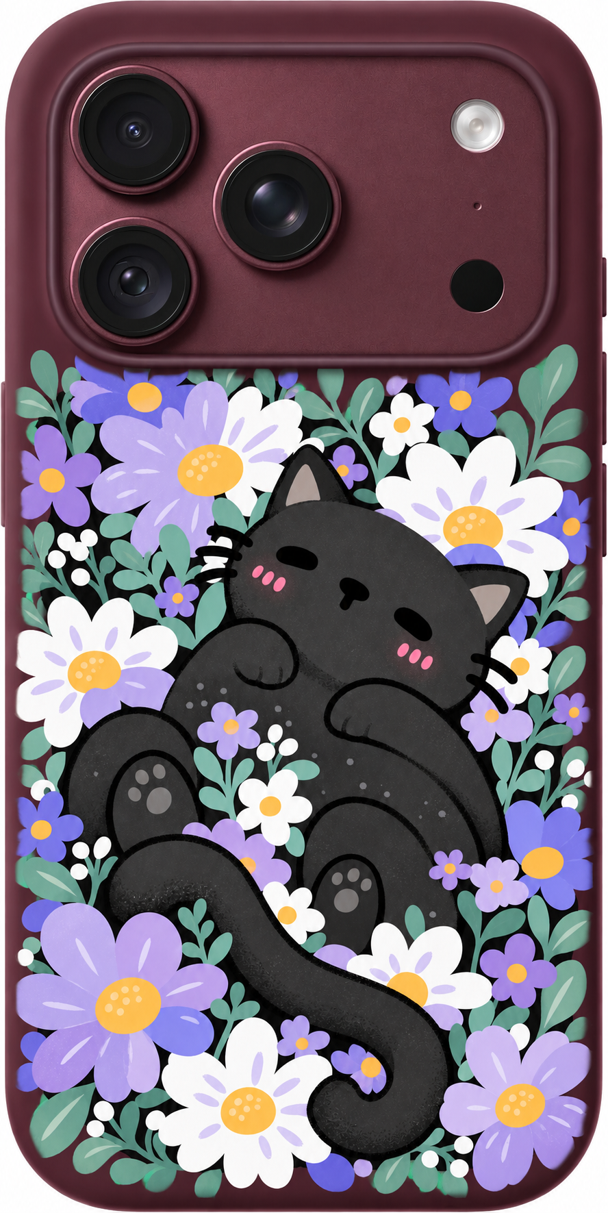 Cat Among Lilacs iPhone case design preview in Burgundy. Model-specific fit and camera openings vary.