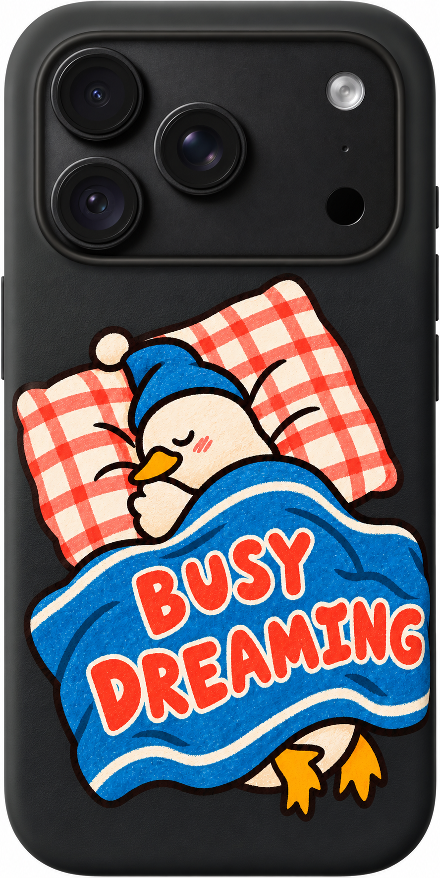 Busy Dreaming iPhone case design preview in Black. Model-specific fit and camera openings vary.