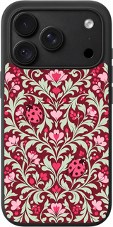 Lovebug Garden iPhone case design preview in Black. Model-specific fit and camera openings vary.