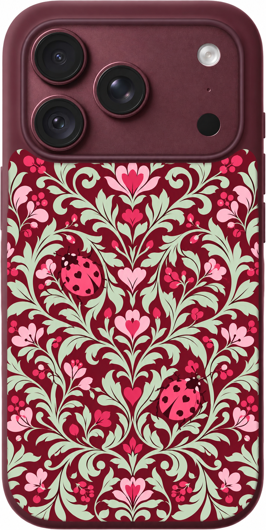 Lovebug Garden iPhone case design preview in Burgundy. Model-specific fit and camera openings vary.
