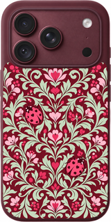 Lovebug Garden iPhone case design preview in Burgundy. Model-specific fit and camera openings vary.