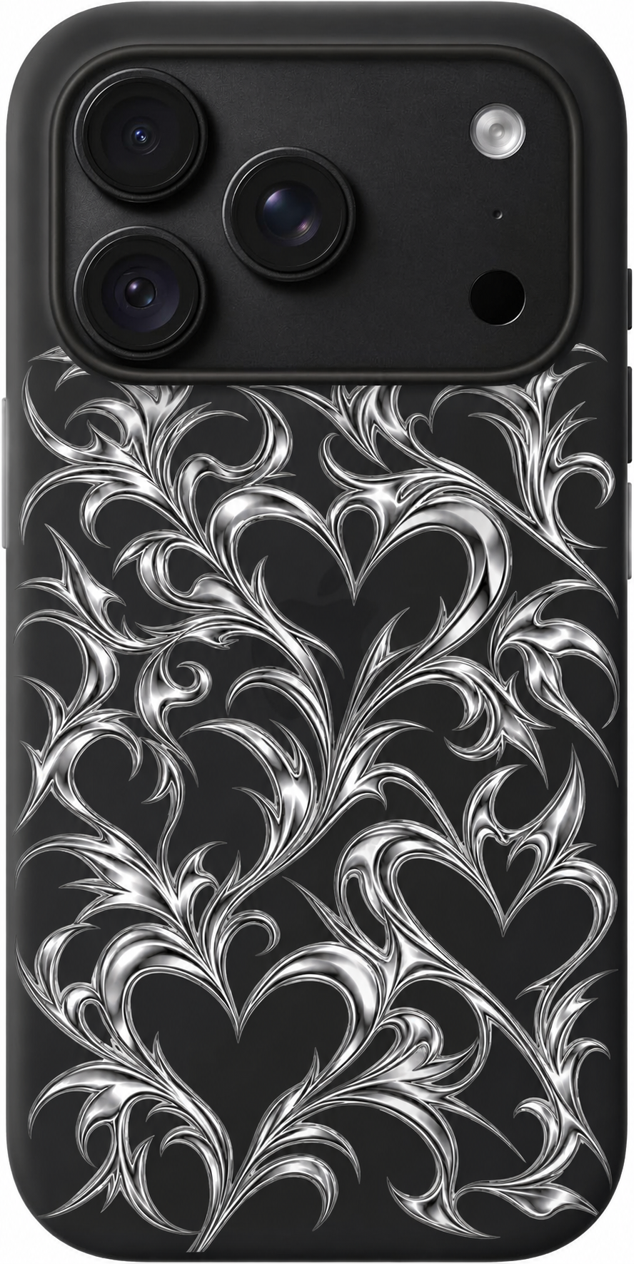 Chrome Heart Scroll iPhone case design preview in Black. Model-specific fit and camera openings vary.