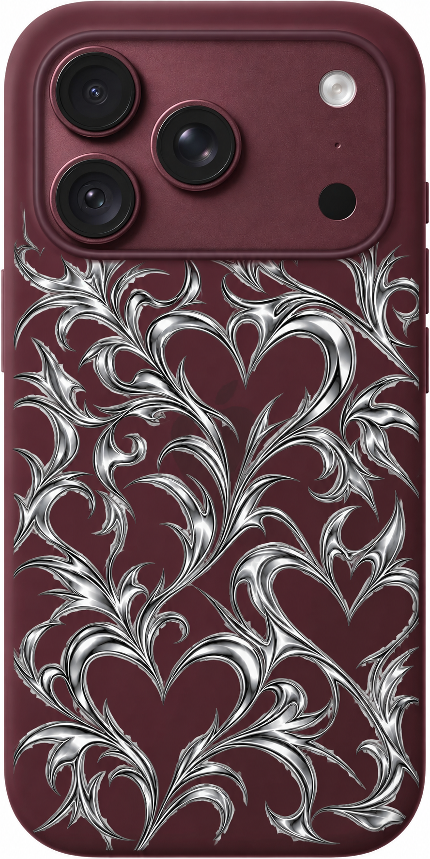 Chrome Heart Scroll iPhone case design preview in Burgundy. Model-specific fit and camera openings vary.
