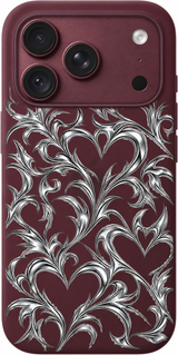 Chrome Heart Scroll iPhone case design preview in Burgundy. Model-specific fit and camera openings vary.