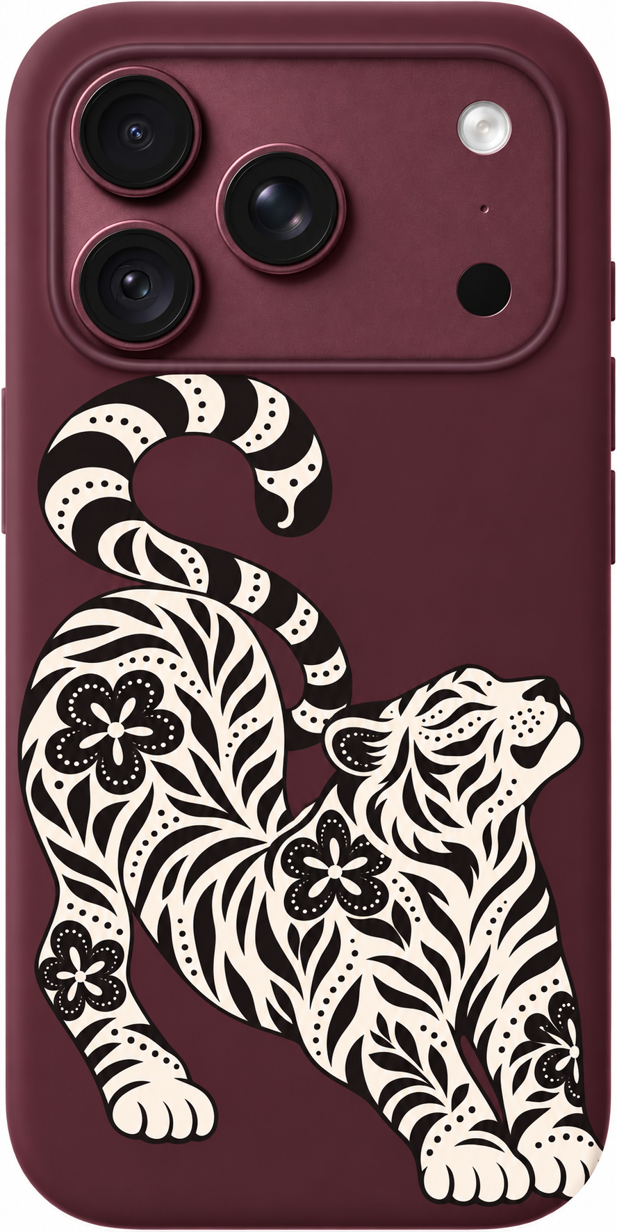 Silver Tiger Prowl iPhone case design preview in Burgundy. Model-specific fit and camera openings vary.