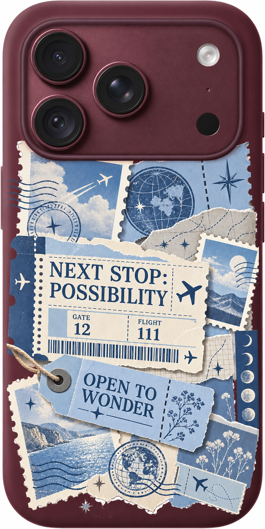 Universe Departure iPhone case design preview in Burgundy. Model-specific fit and camera openings vary.