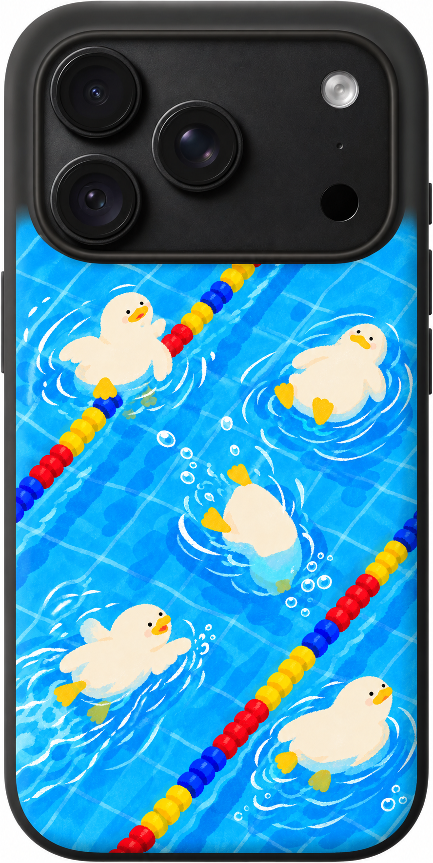 Poolside Duck Drift iPhone case design preview in Black. Model-specific fit and camera openings vary.
