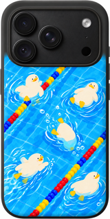 Poolside Duck Drift iPhone case design preview in Black. Model-specific fit and camera openings vary.