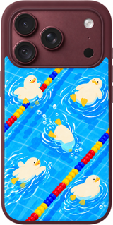 Poolside Duck Drift iPhone case design preview in Burgundy. Model-specific fit and camera openings vary.