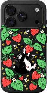 Strawberry Cat Frolic iPhone case design preview in Black. Model-specific fit and camera openings vary.