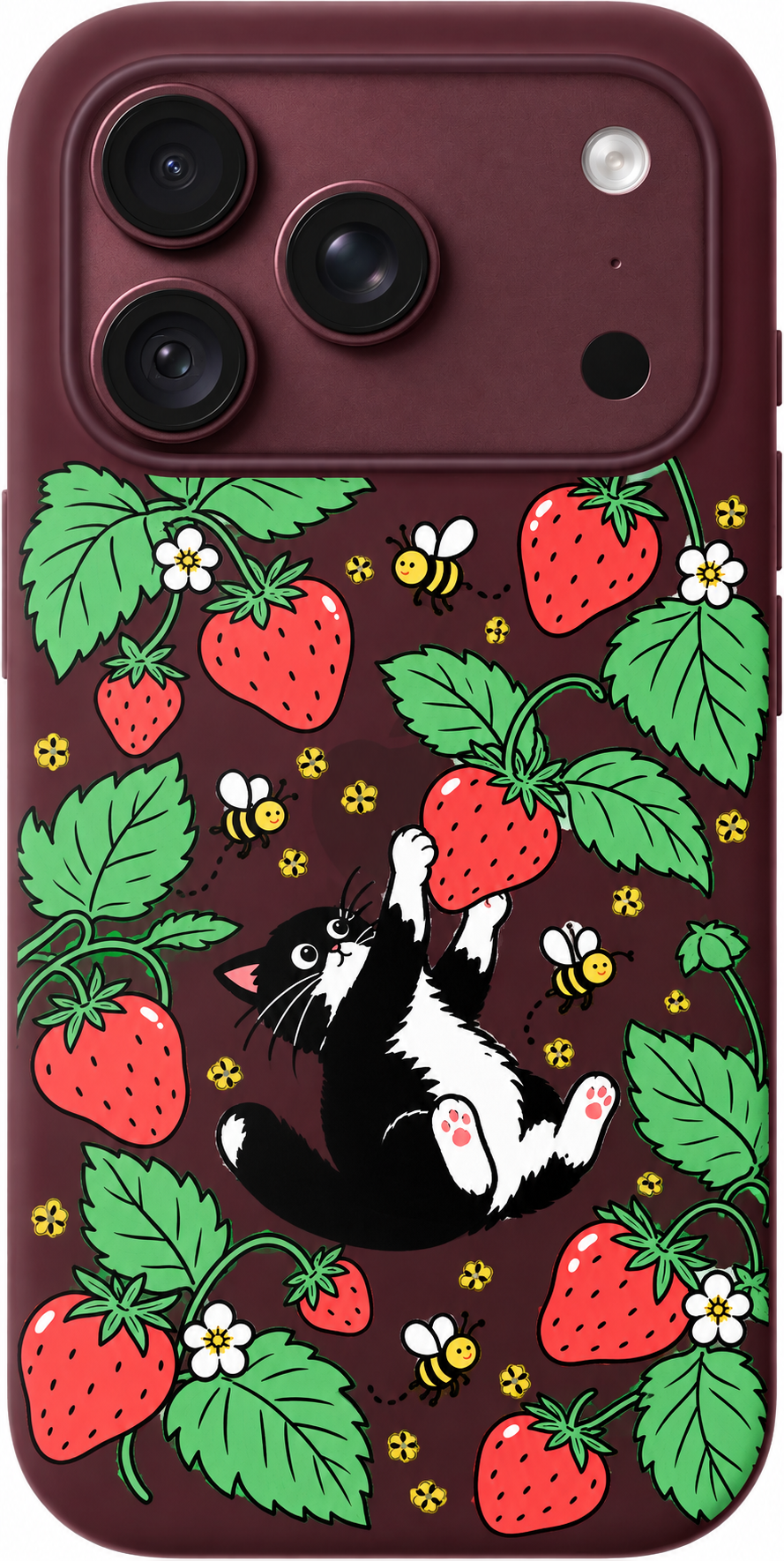 Strawberry Cat Frolic iPhone case design preview in Burgundy. Model-specific fit and camera openings vary.