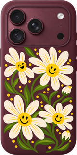 Nineties Daisy Smile iPhone case design preview in Burgundy. Model-specific fit and camera openings vary.