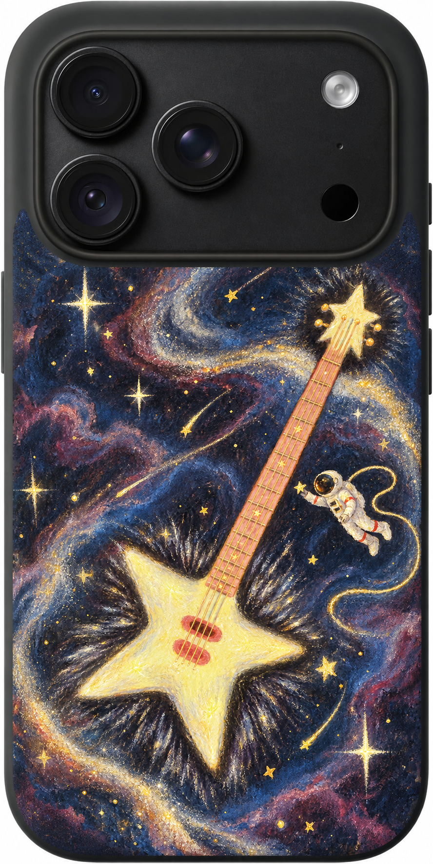 Cosmic Guitar Glow iPhone case design preview in Black. Model-specific fit and camera openings vary.