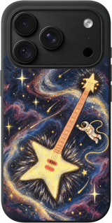Cosmic Guitar Glow iPhone case design preview in Black. Model-specific fit and camera openings vary.