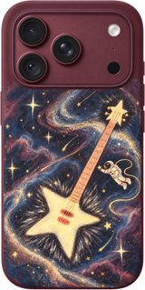 Cosmic Guitar Glow iPhone case design preview in Burgundy. Model-specific fit and camera openings vary.