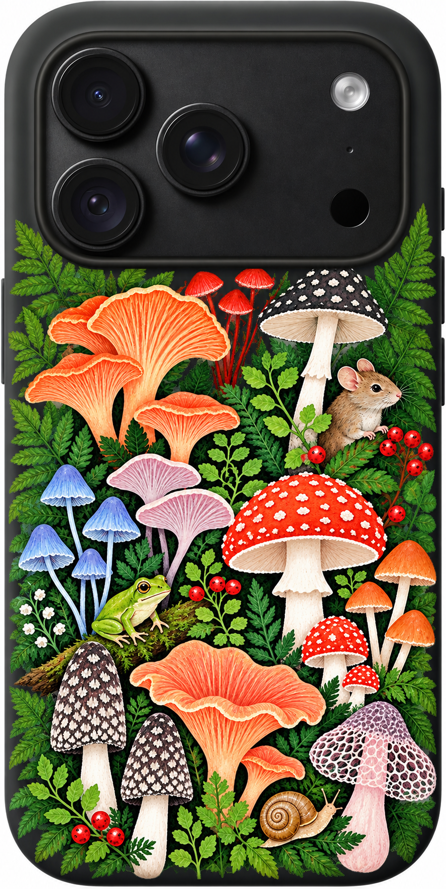 Mushroom Reverie iPhone case design preview in Black. Model-specific fit and camera openings vary.
