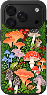 Mushroom Reverie iPhone case design preview in Black. Model-specific fit and camera openings vary.
