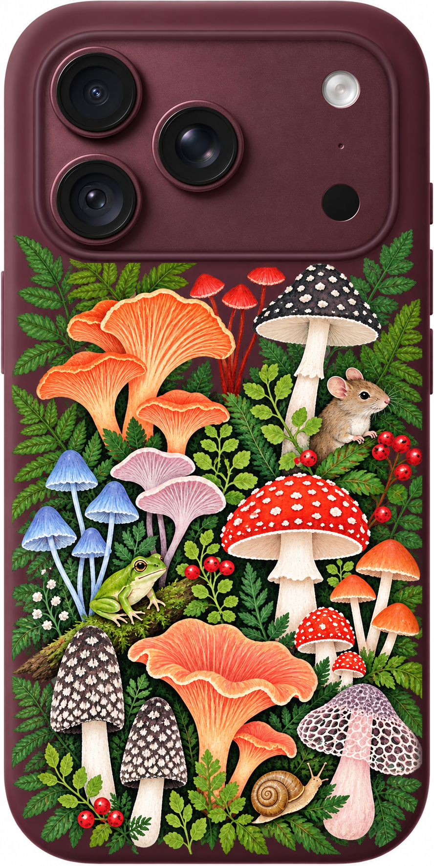 Mushroom Reverie iPhone case design preview in Burgundy. Model-specific fit and camera openings vary.