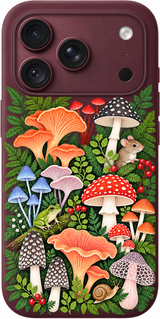 Mushroom Reverie iPhone case design preview in Burgundy. Model-specific fit and camera openings vary.