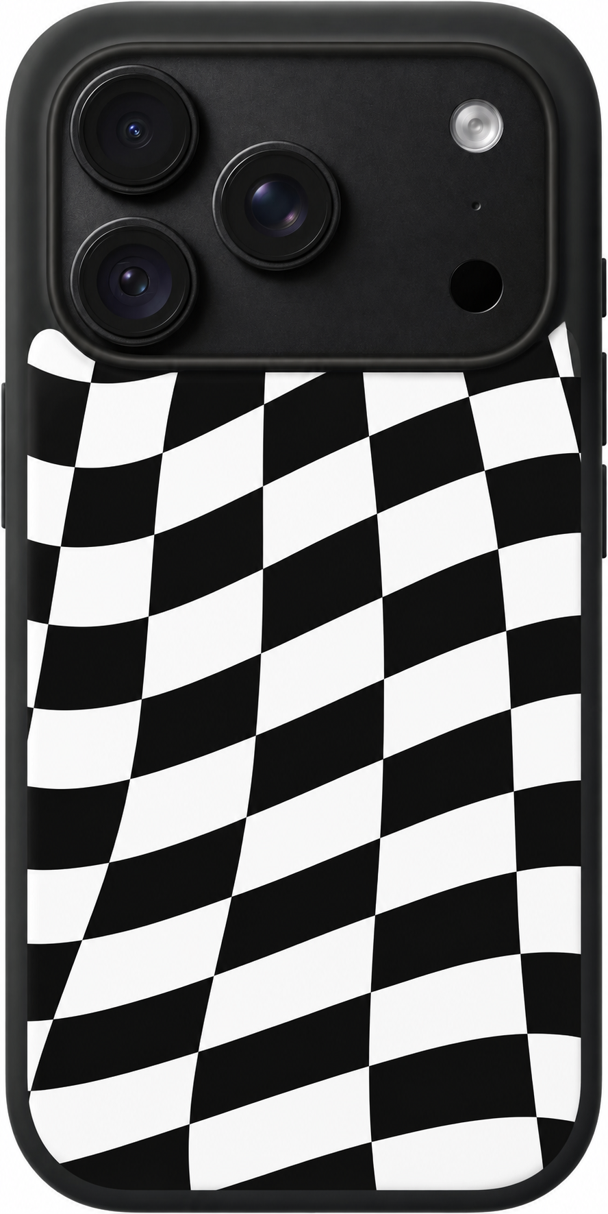 Checkered Drift iPhone case design preview in Black. Model-specific fit and camera openings vary.