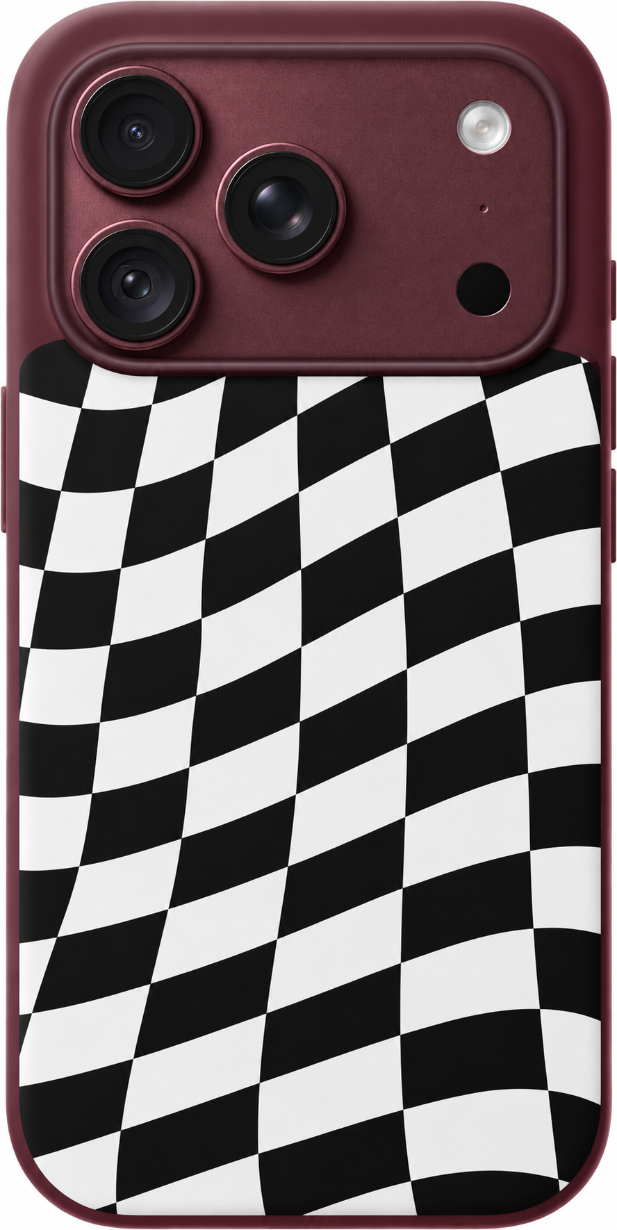 Checkered Drift iPhone case design preview in Burgundy. Model-specific fit and camera openings vary.