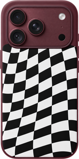 Checkered Drift iPhone case design preview in Burgundy. Model-specific fit and camera openings vary.