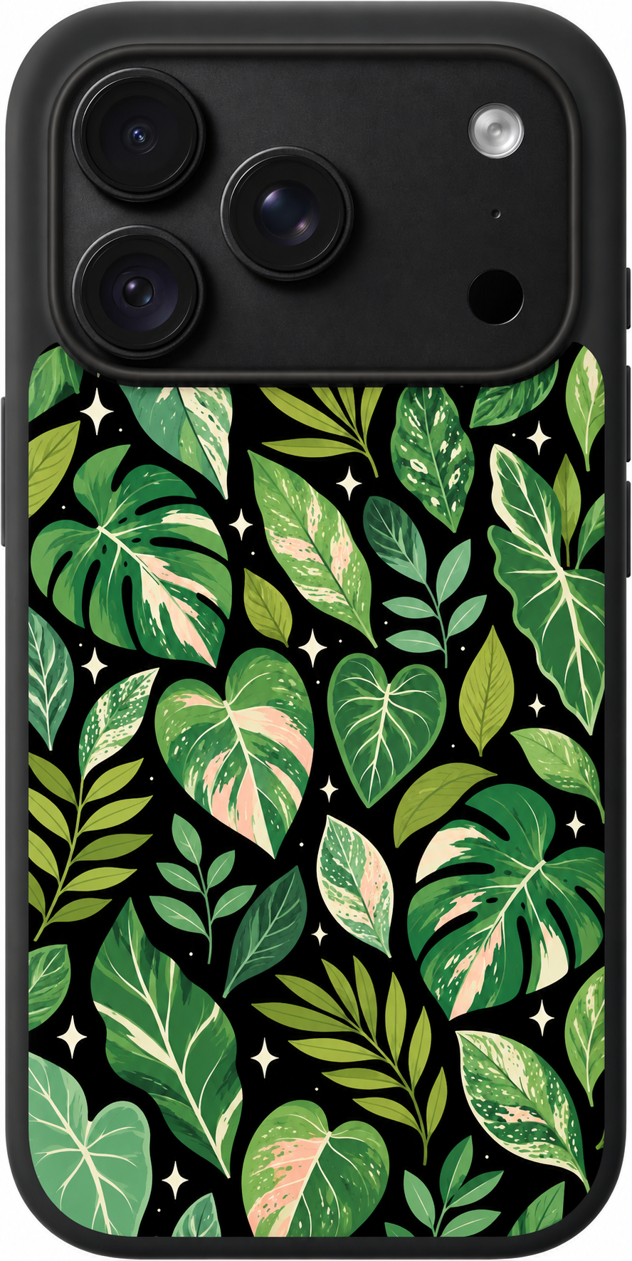 Tropical Leaf Reverie iPhone case design preview in Black. Model-specific fit and camera openings vary.