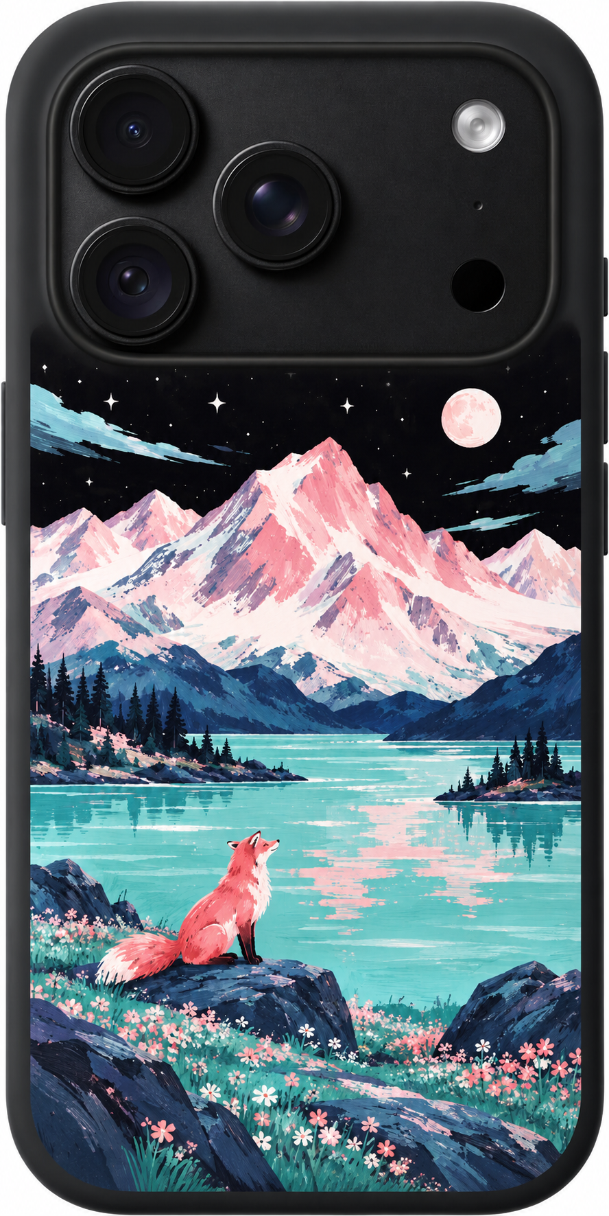 Alpine Fox Reverie iPhone case design preview in Black. Model-specific fit and camera openings vary.