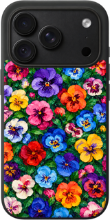 Pansy Paintbox iPhone case design preview in Black. Model-specific fit and camera openings vary.