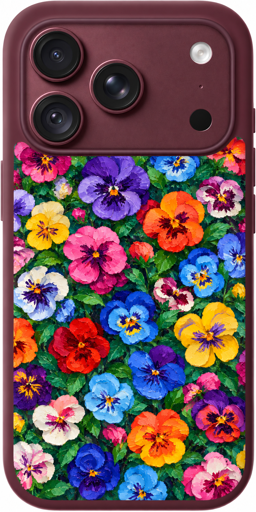 Pansy Paintbox iPhone case design preview in Burgundy. Model-specific fit and camera openings vary.