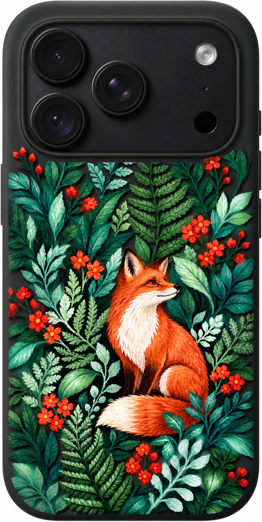 Woodland Fox Stroll iPhone case design preview in Black. Model-specific fit and camera openings vary.