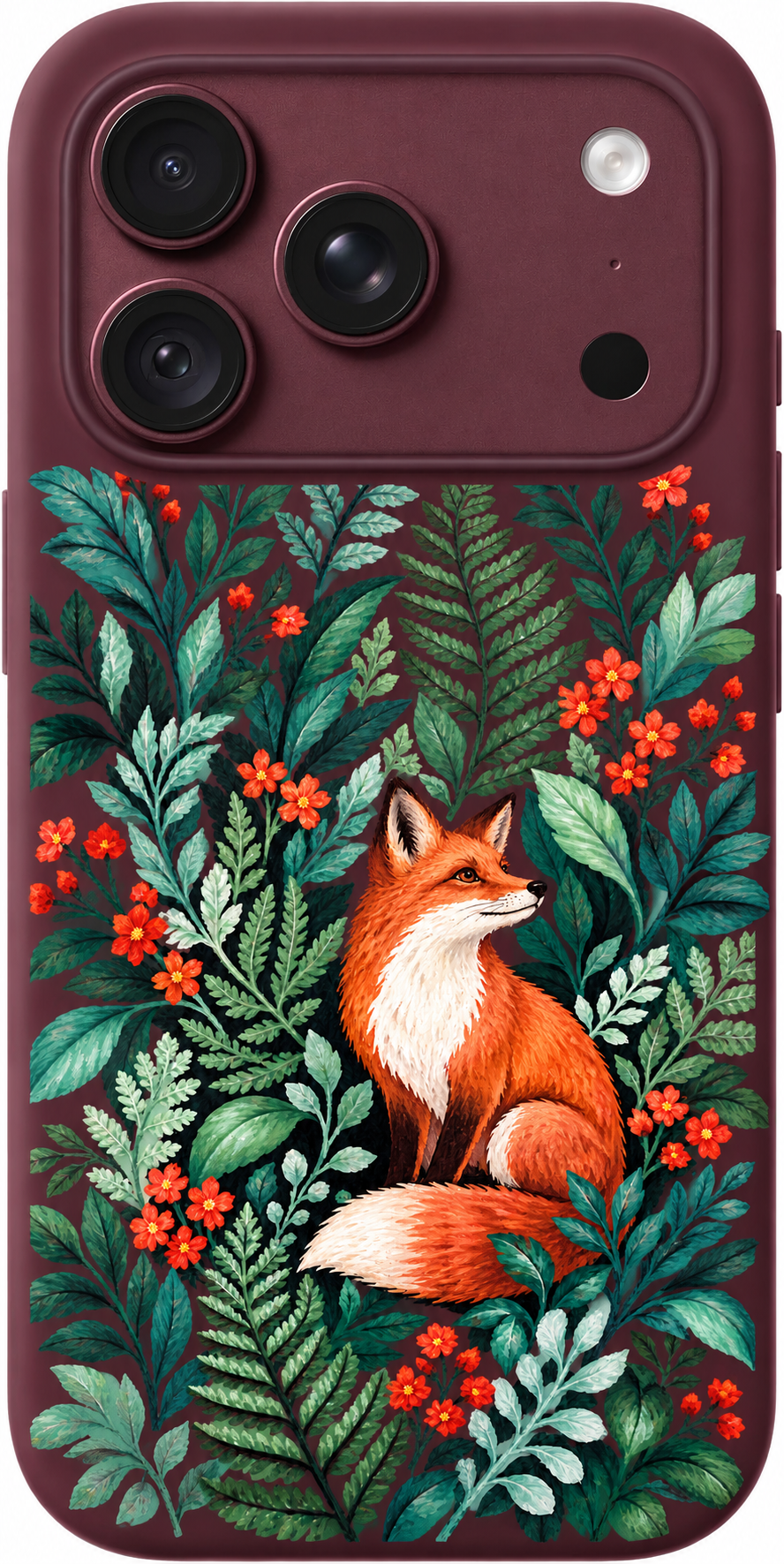 Woodland Fox Stroll iPhone case design preview in Burgundy. Model-specific fit and camera openings vary.